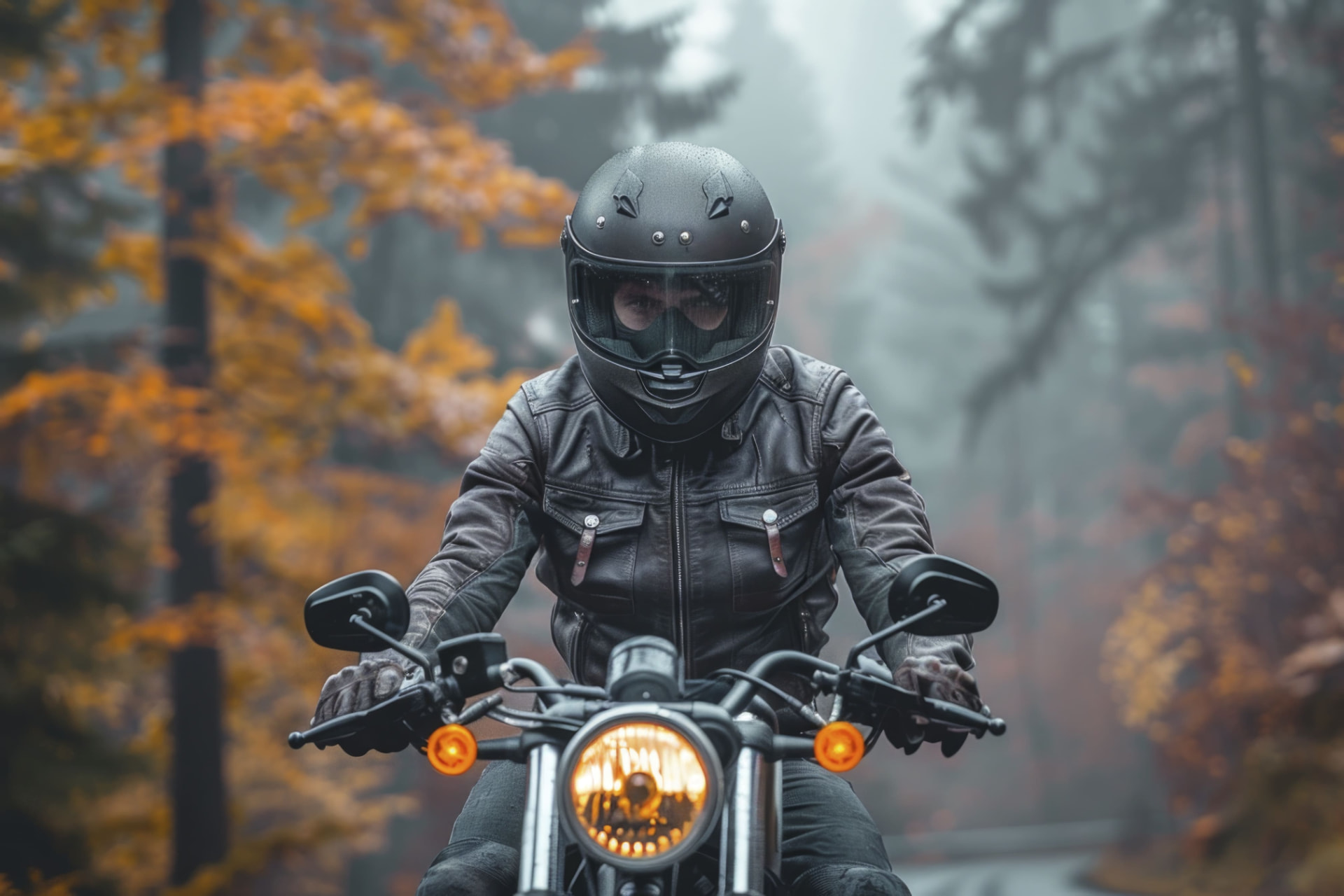 Motard équipé sur route forestière du Calvados